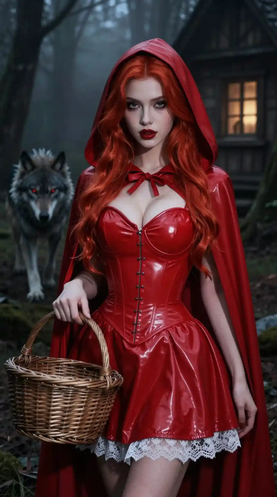 Cinematic red hood woman in a dark misty forest