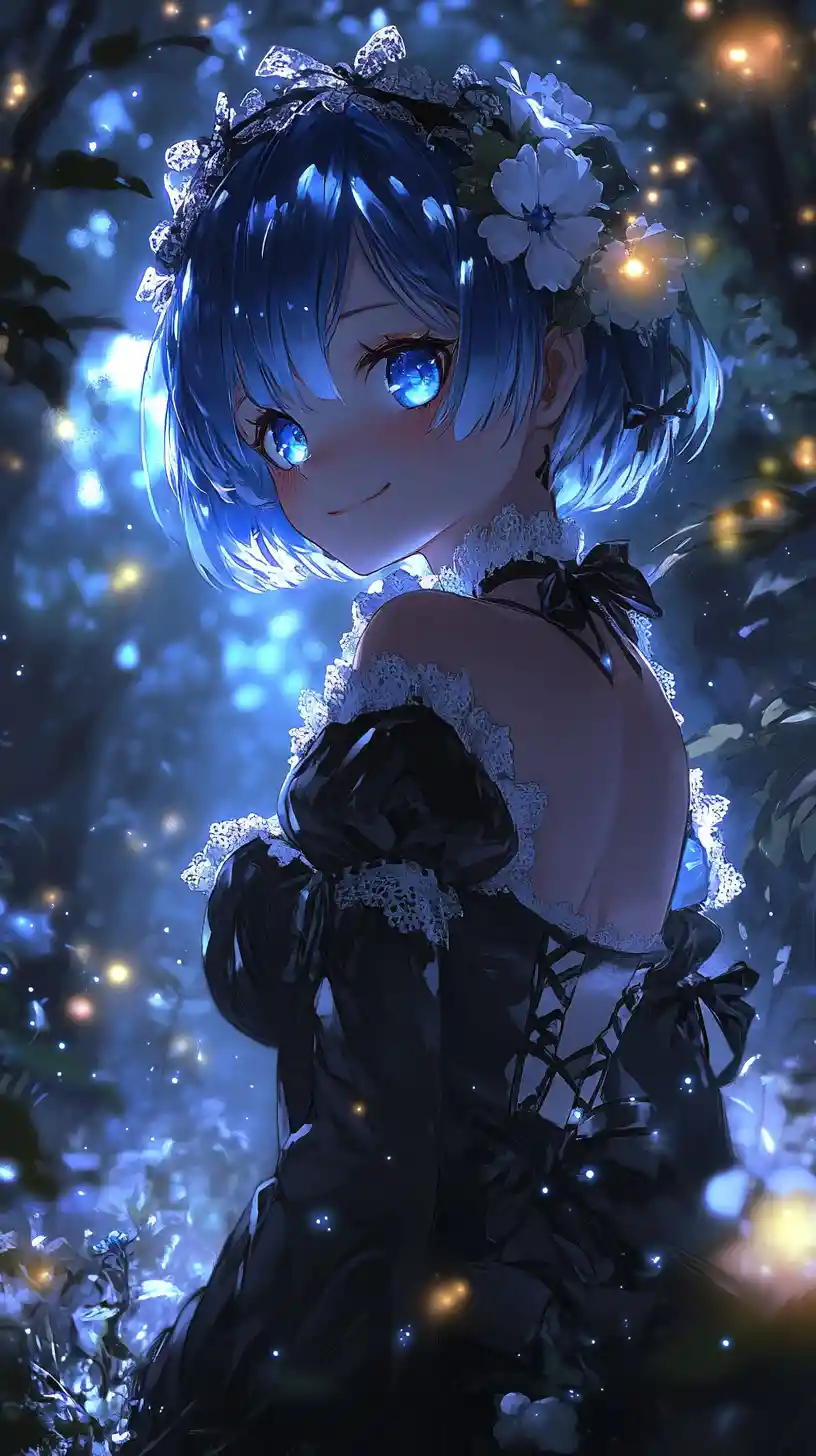 Anime maid girl in a glowing magical forest