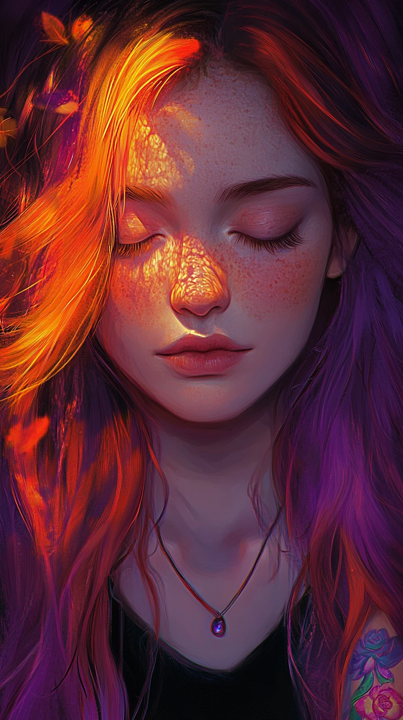 Serene anime woman with fiery flowing hair and closed eyes