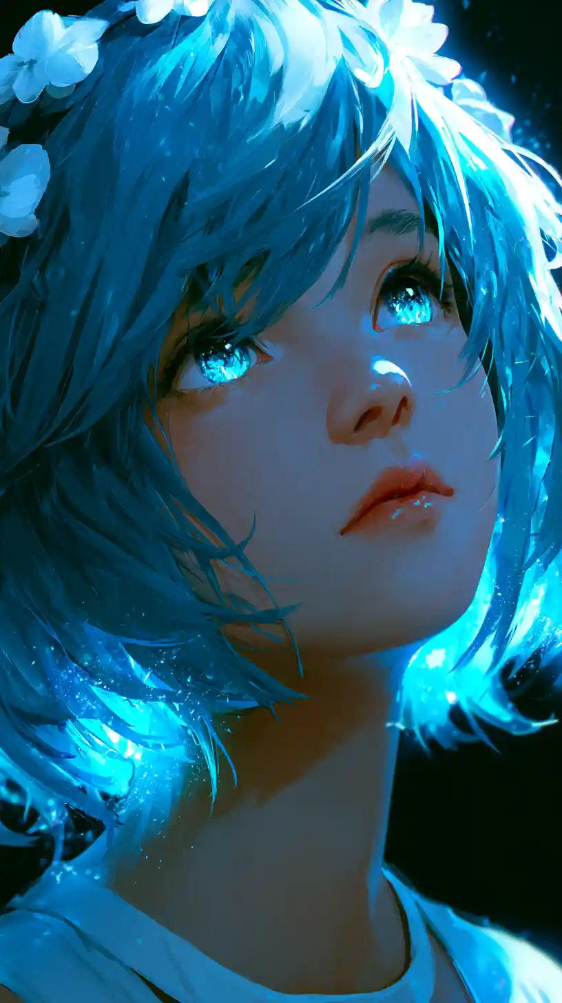 Blue haired anime girl in an ethereal glowing portrait