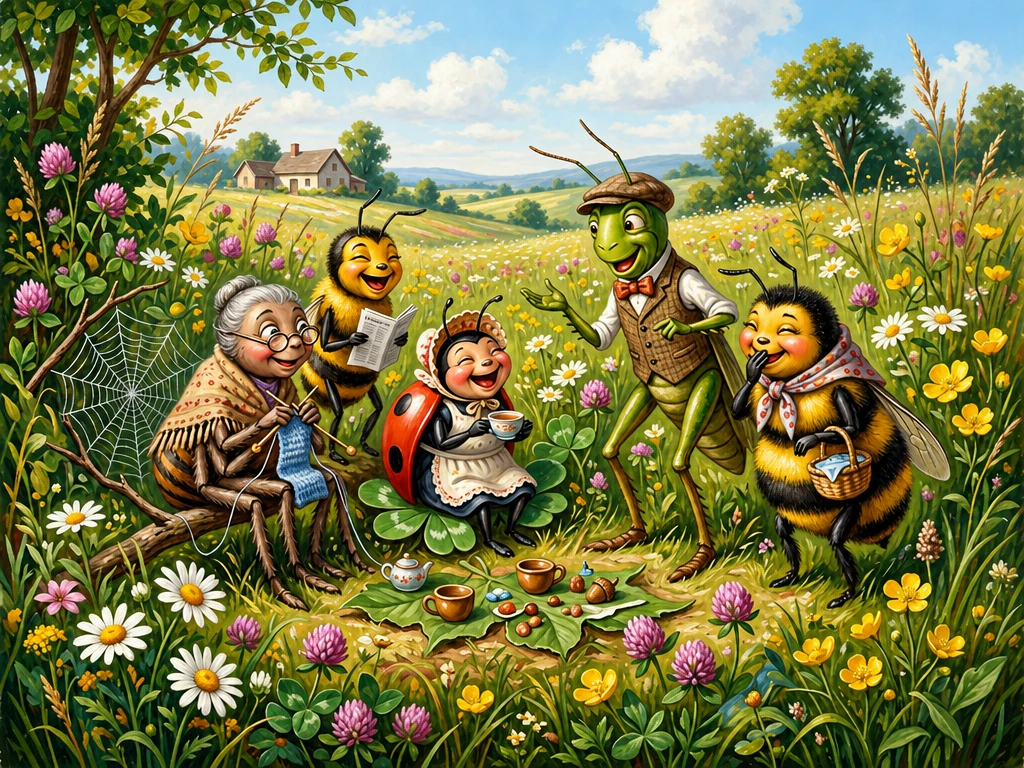 Anthropomorphic insects chatting in a sunny flower meadow