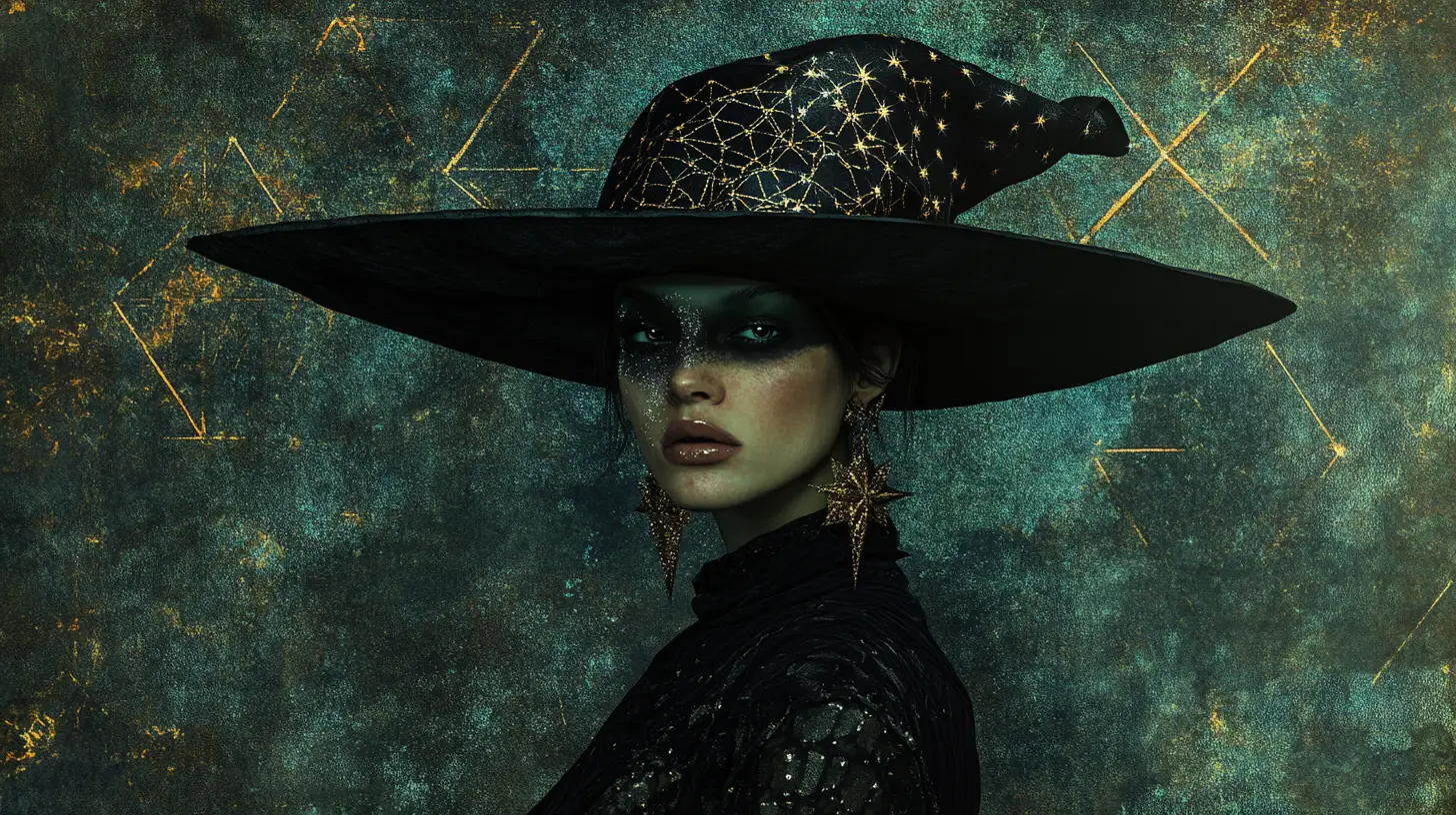 Strega stilizzata con cappello celestiale e sfondo cosmico geometrico