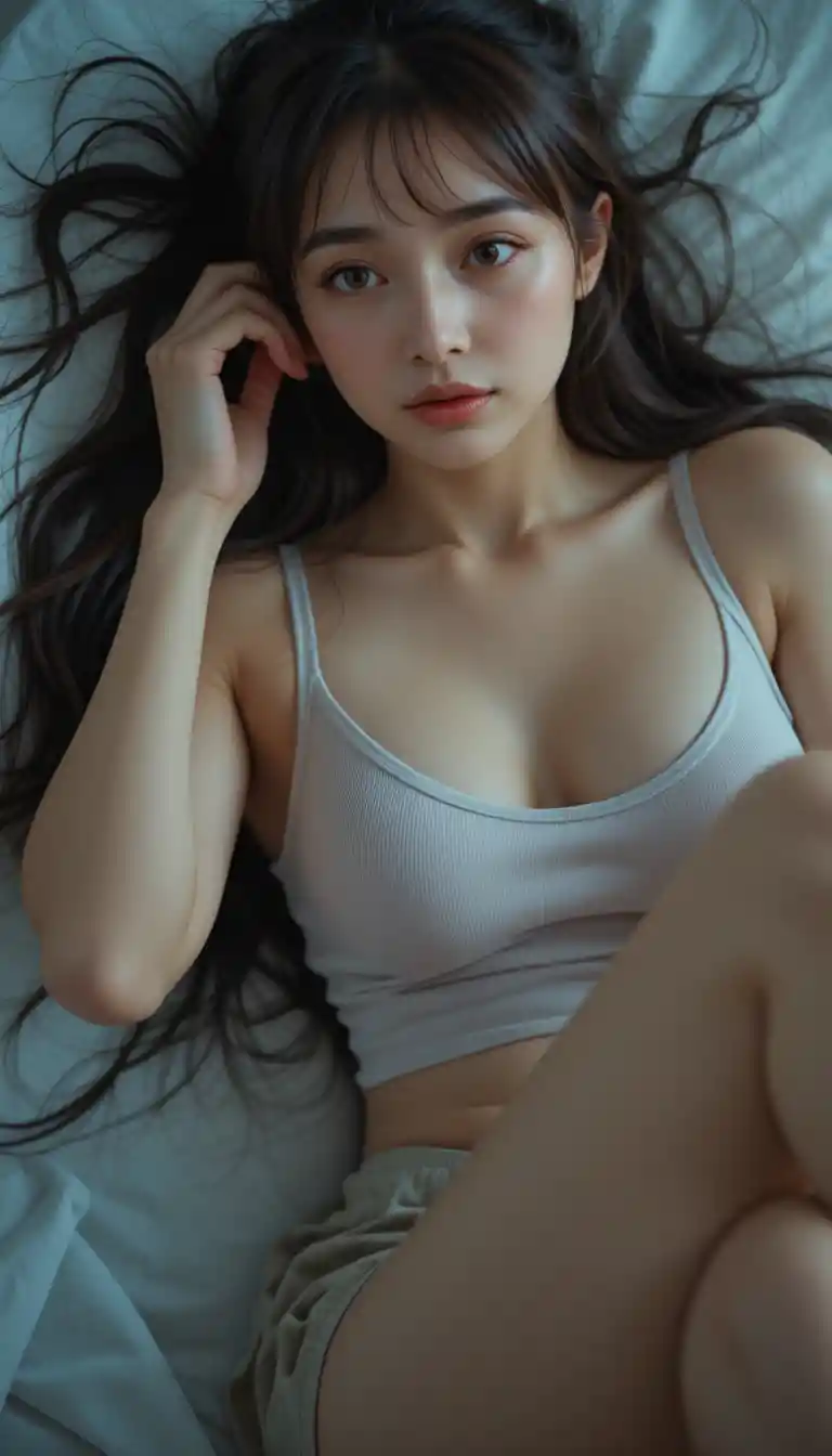 눈물 어린 성찰 속에 누워 있는 여성의 시네마틱 초상