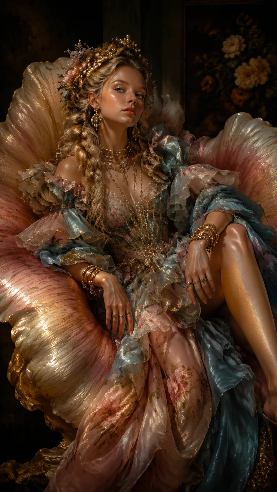 Elegant Dutch heiress posing on a giant flower petal