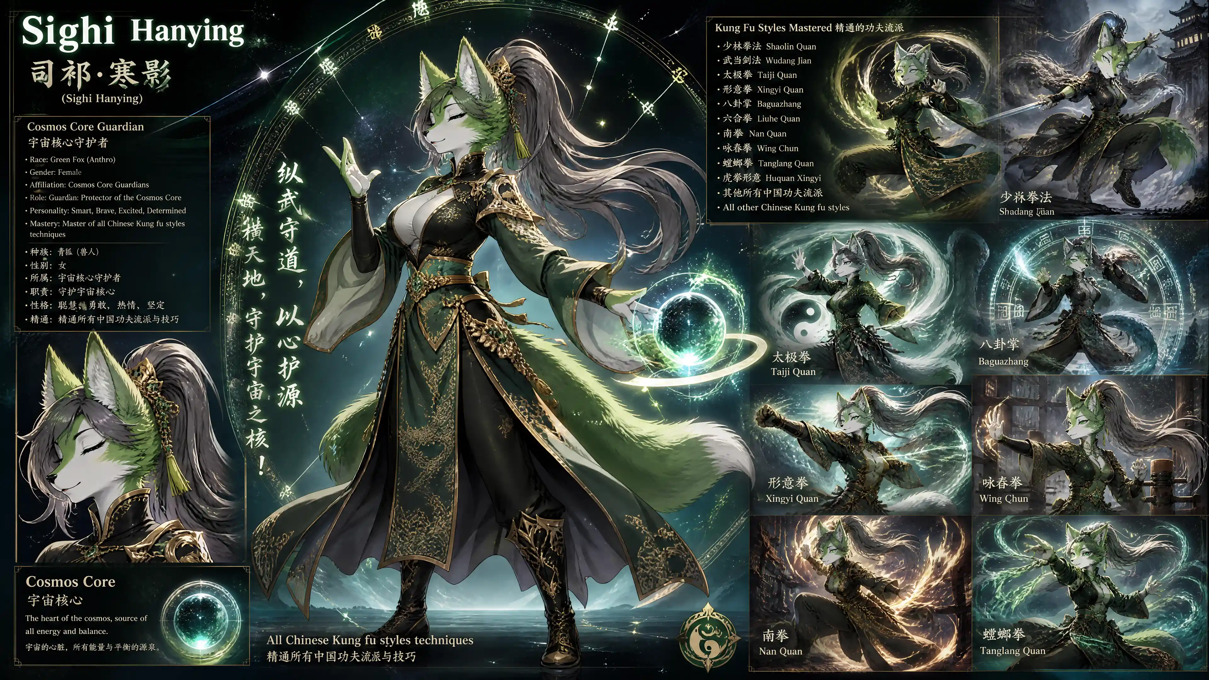Chinese fox warrior woman guarding a cosmic core