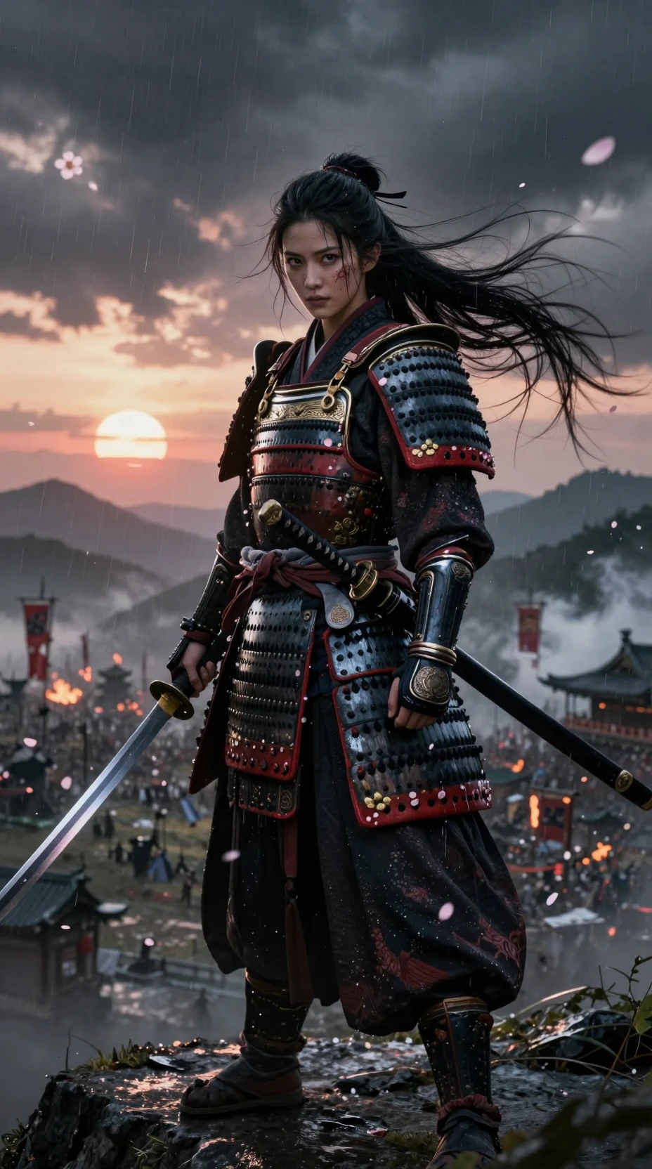 Female samurai on a rainy cliff above battlefield
