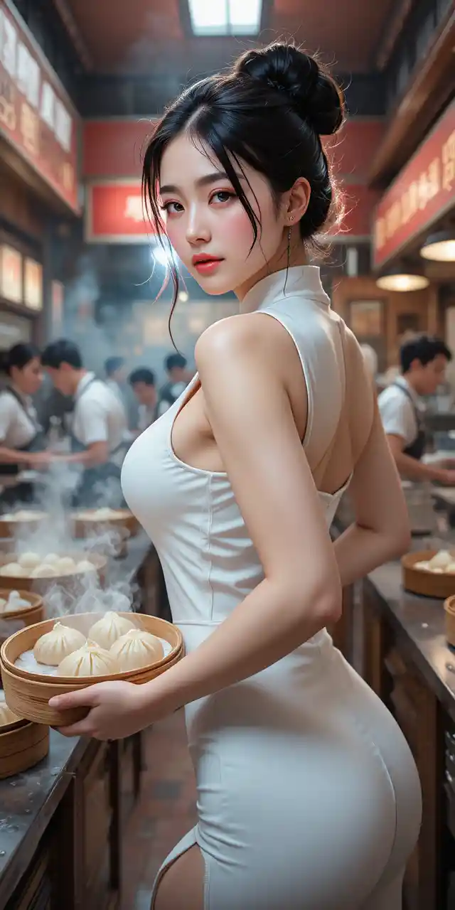 Donna elegante in qipao bianco che serve ravioli al vapore