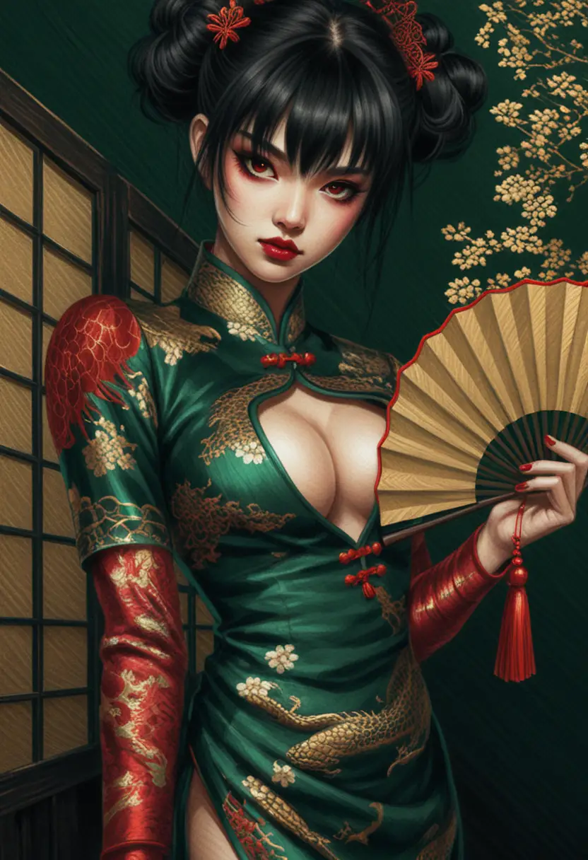 Dark haired woman in emerald cheongsam with fan