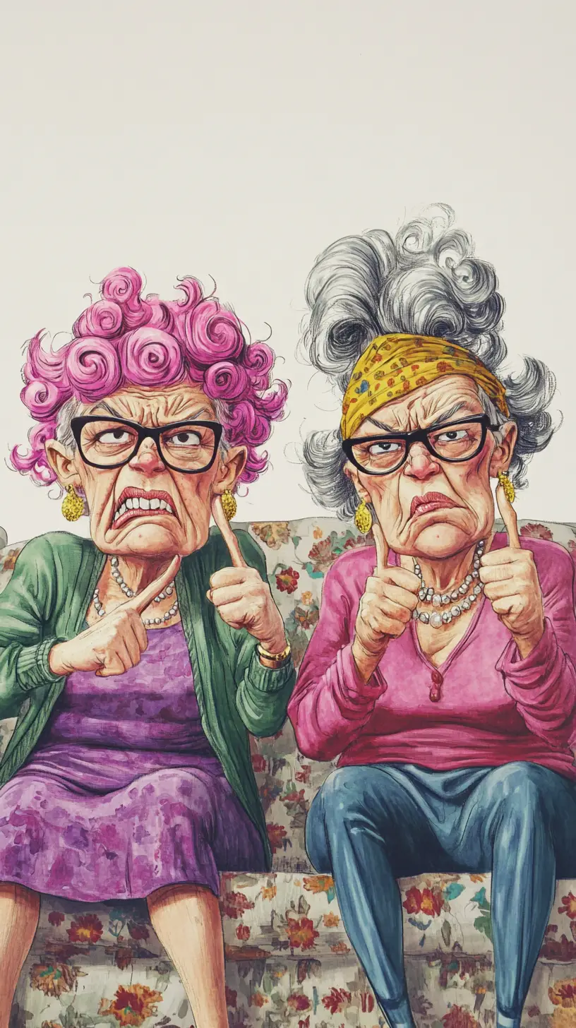 Two grumpy old ladies flipping the bird on floral couch