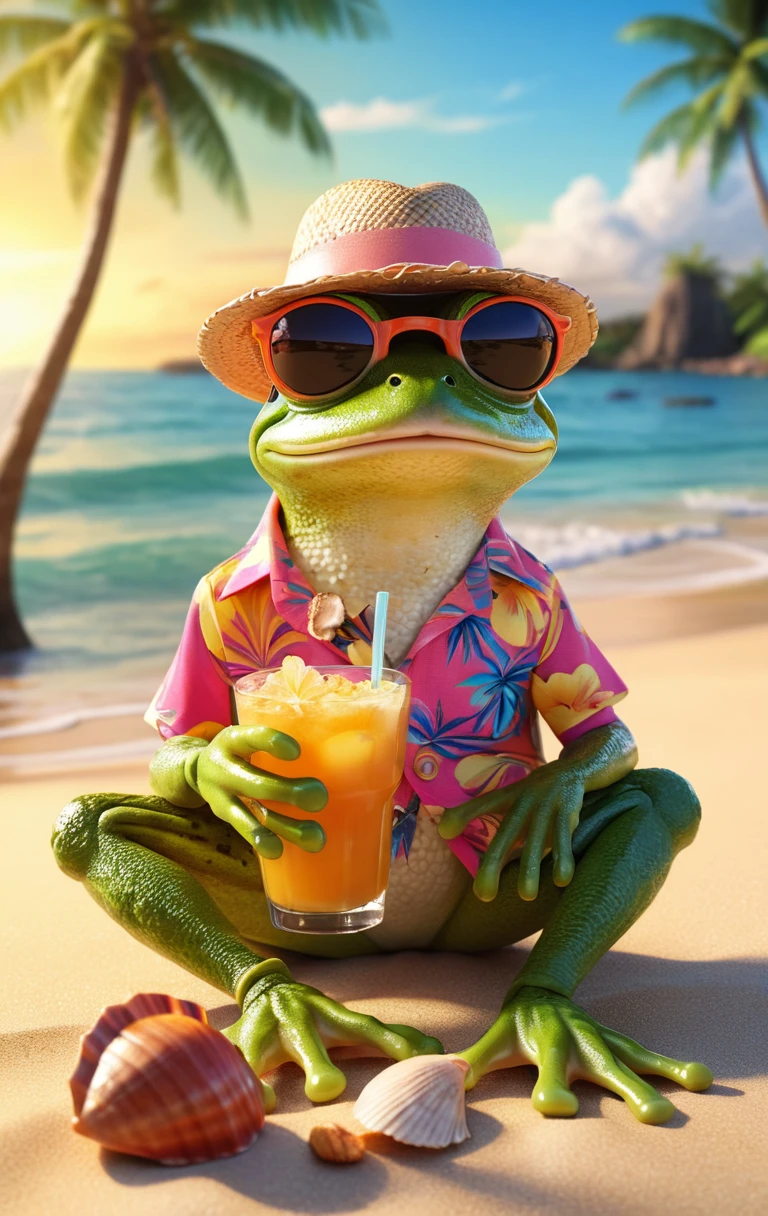 ピクサー風のカエルが晴れた南国のビーチでくつろぐイラスト
