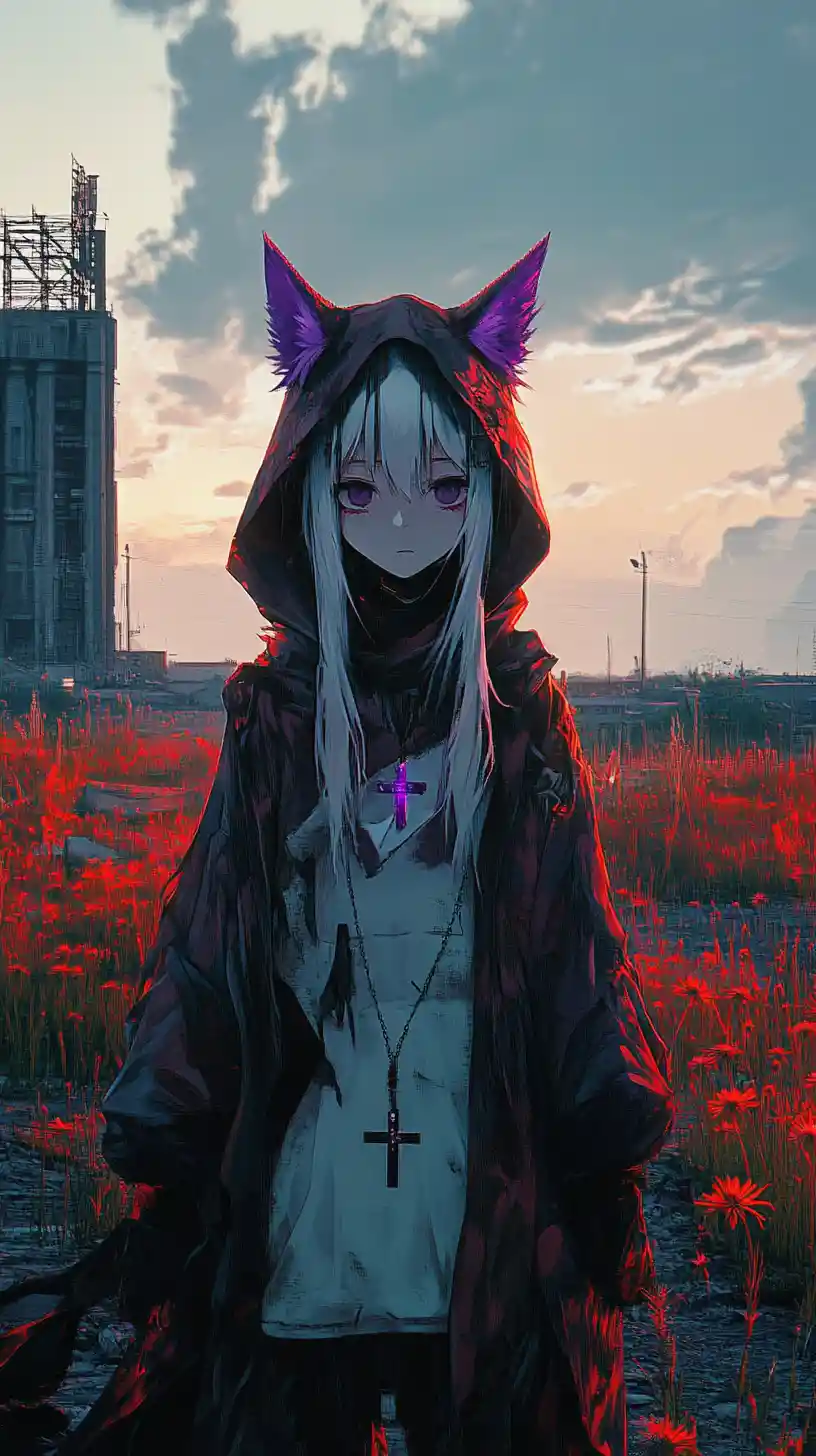 Anime girl at a steel hangar on an abandoned airfield