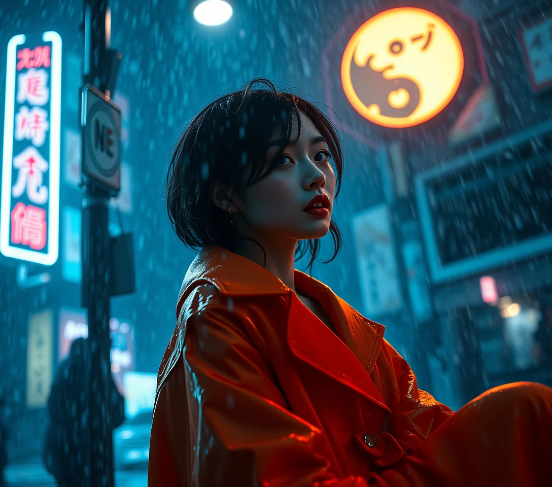 Sensual woman in orange coat under eerie city streetlight