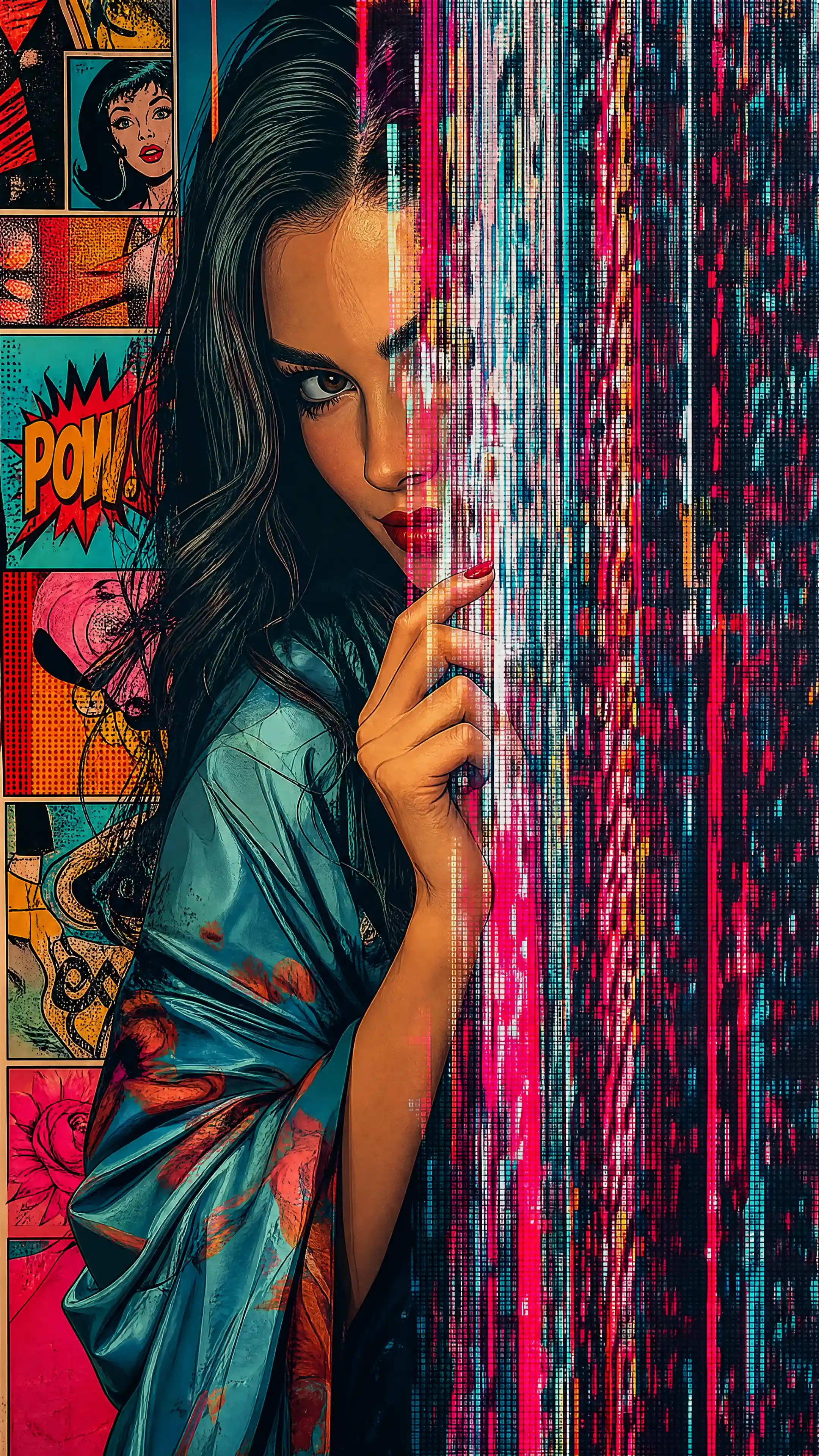 Mysterious woman peeking from a glowing digital static veil