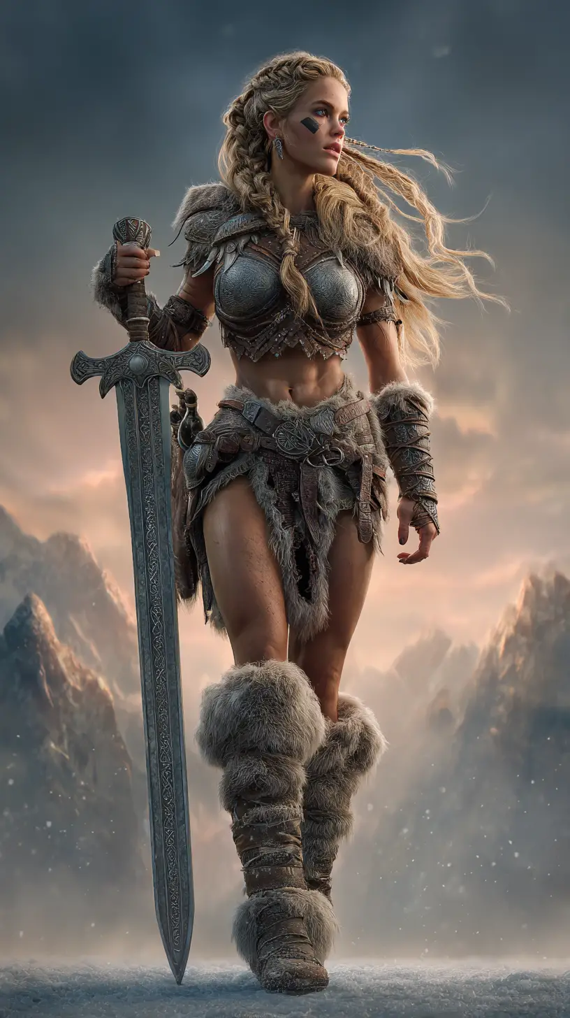 Viking warrior woman in fjord sunset battle stance