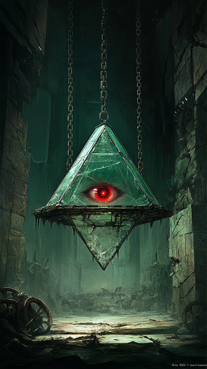 Floating glass pyramid with demonic eye above chained platform