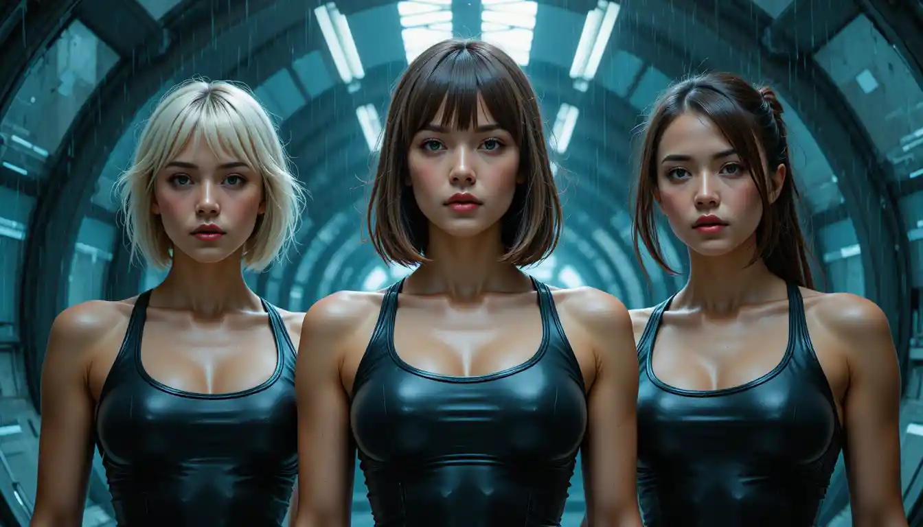 Three athletic women in a futuristic industrial interior