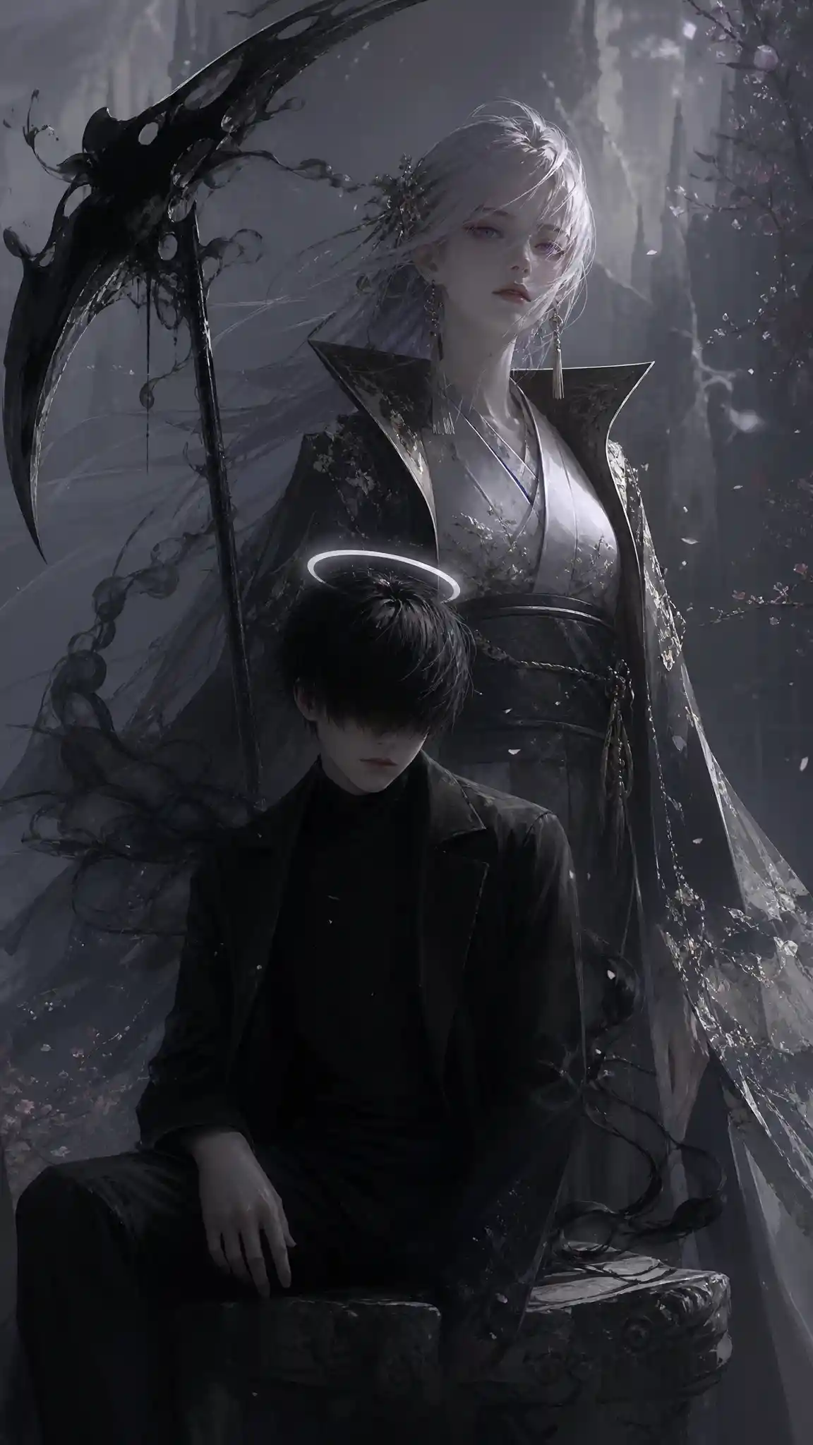 Melancholic angelic youth seated with scythe in 3D art