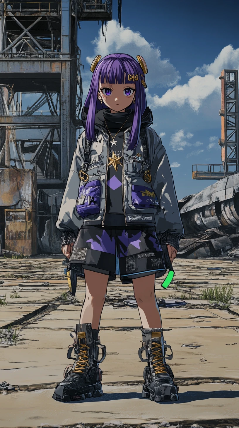 Anime girl by a steel hangar on an abandoned airfield