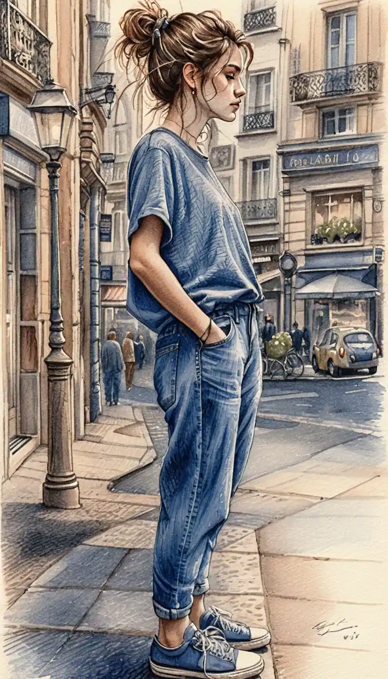 Young woman in casual clothes on a European city sidewalk