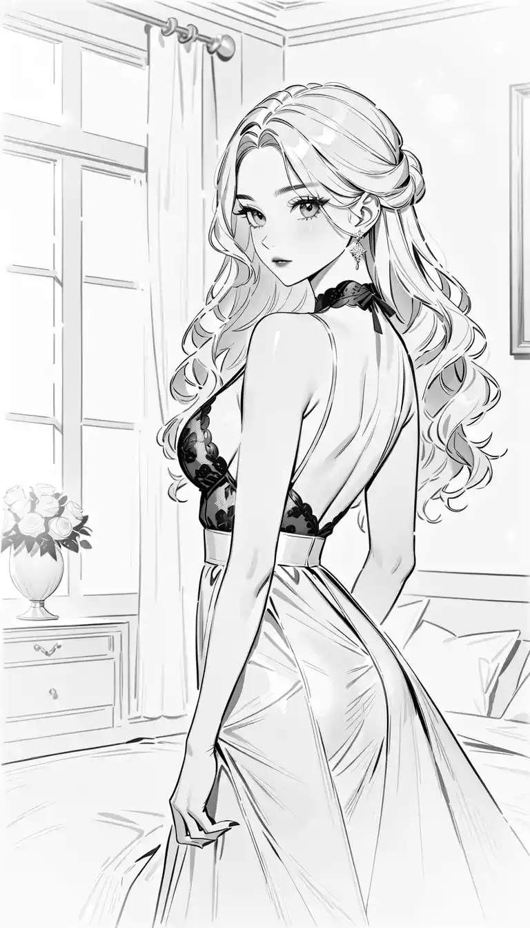 Elegant woman in black lingerie in luxury bedroom