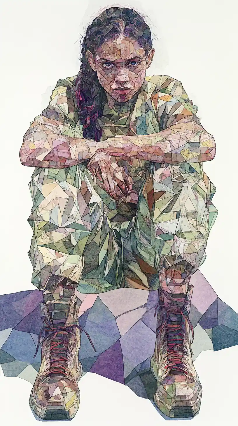 Woman in geometric mosaic sitting cross legged in ink drawing