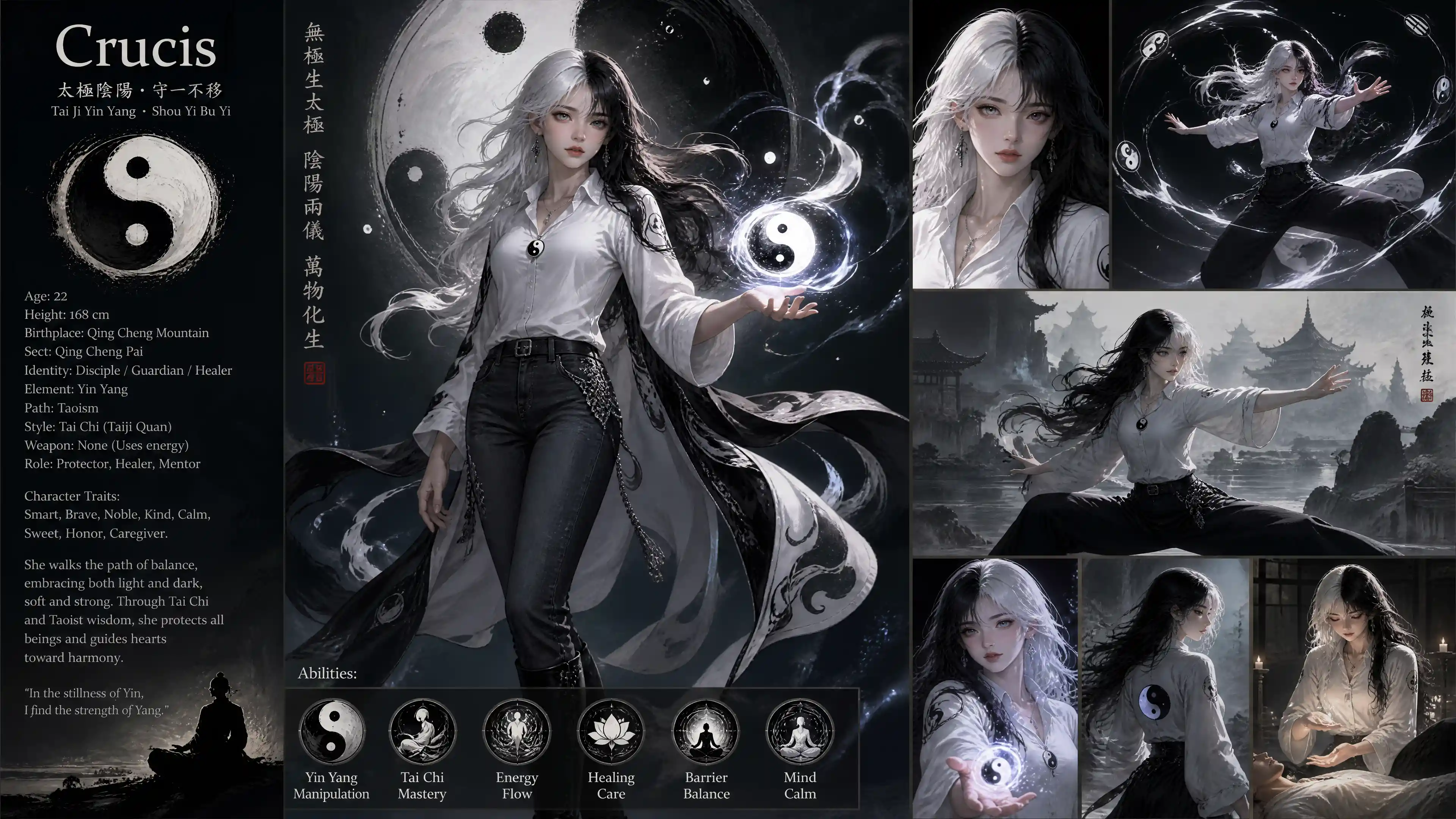 Calm fantasy woman with yin yang hair and eyes