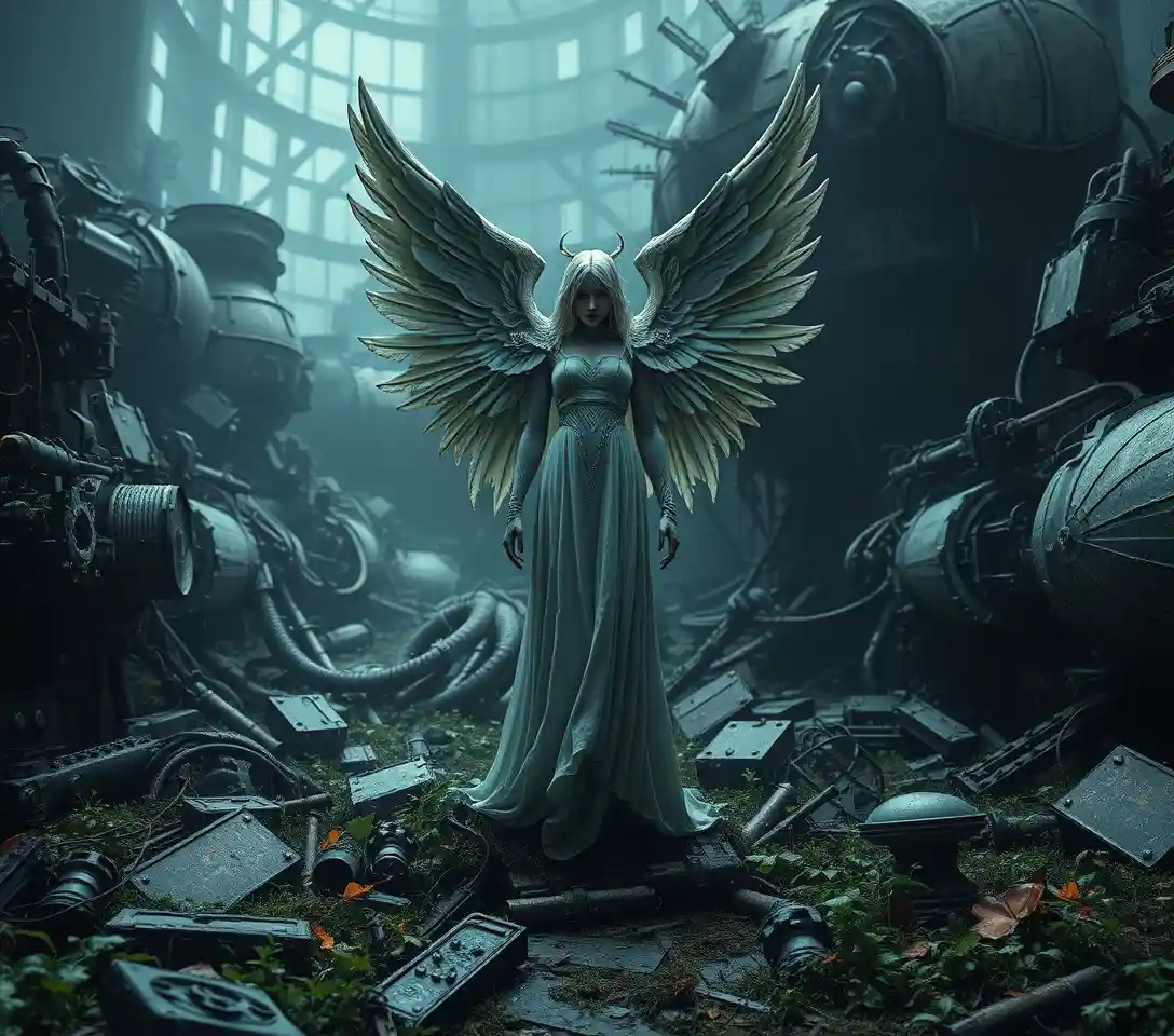 Lone angelic woman amid collapsing futuristic machines