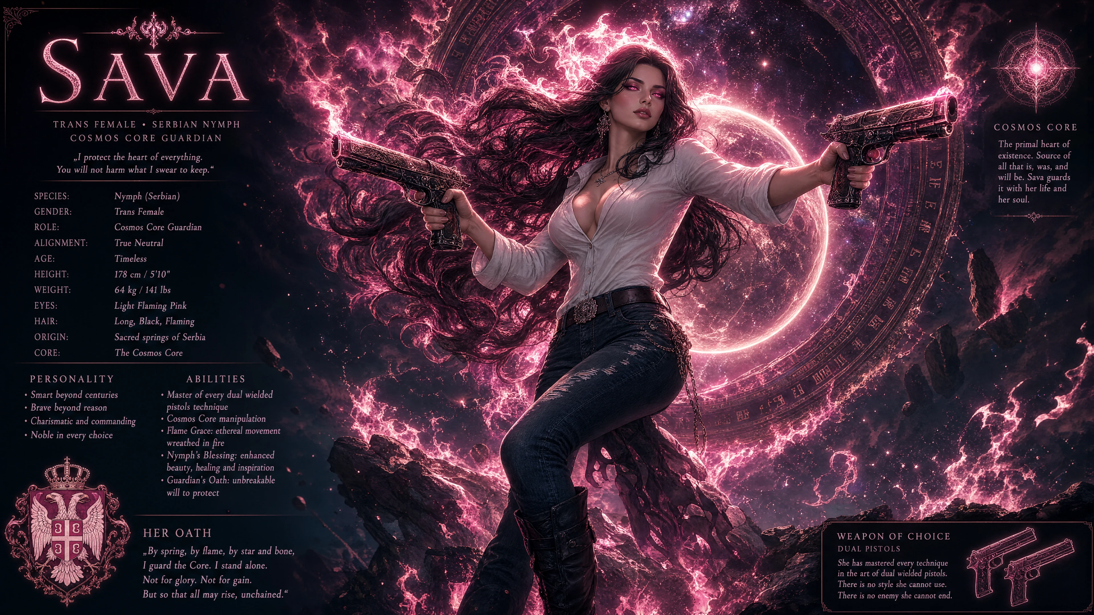 Cosmic guardian woman with flaming hair and pistols