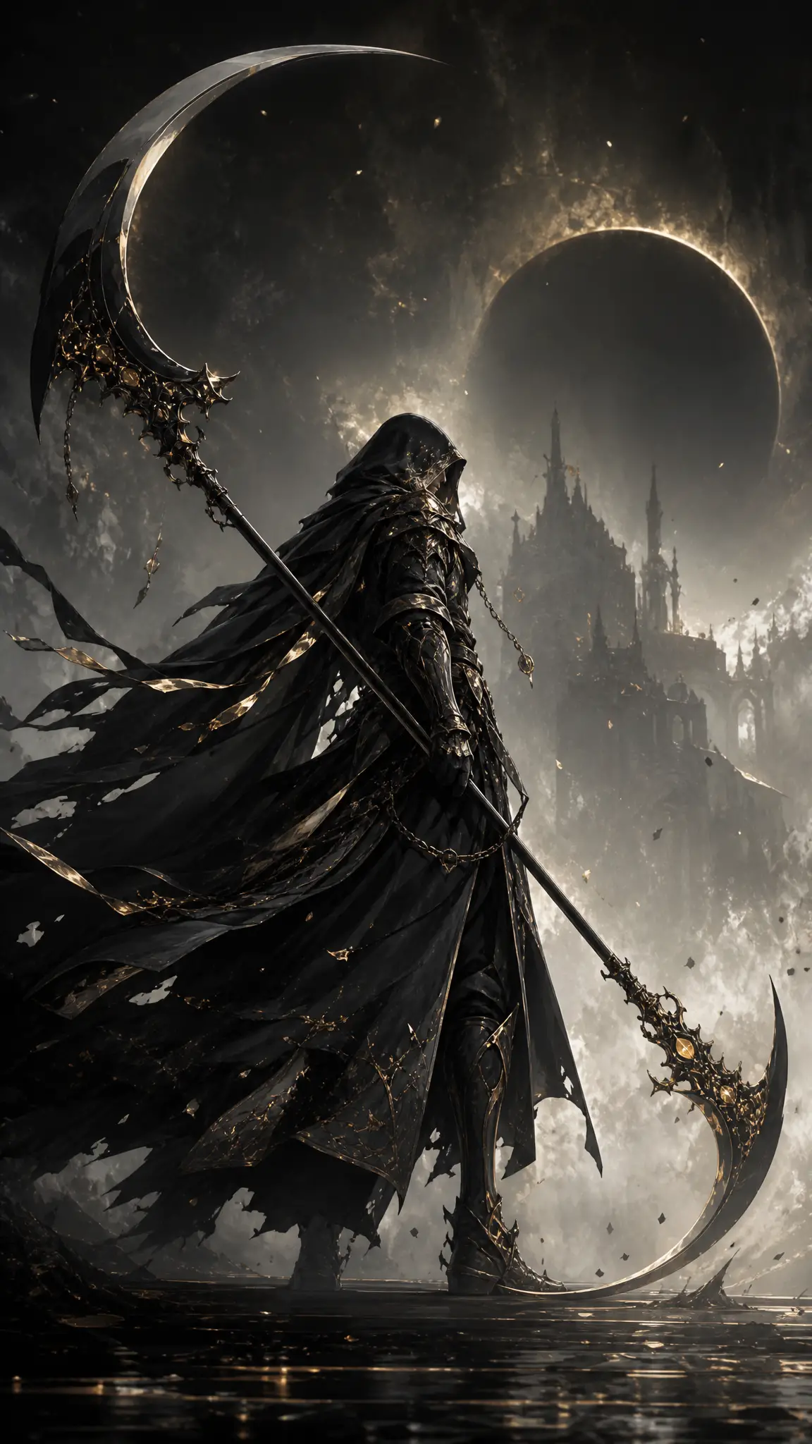 Dark 3D grim reaper with crescent scythe in armor