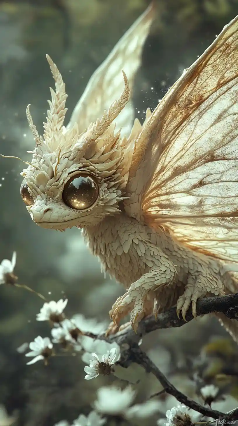 Kleiner Drache mit Mottenflügeln und zarter floraler Verwesung