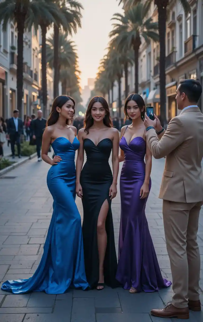Elegant women posing on a city street at dusk