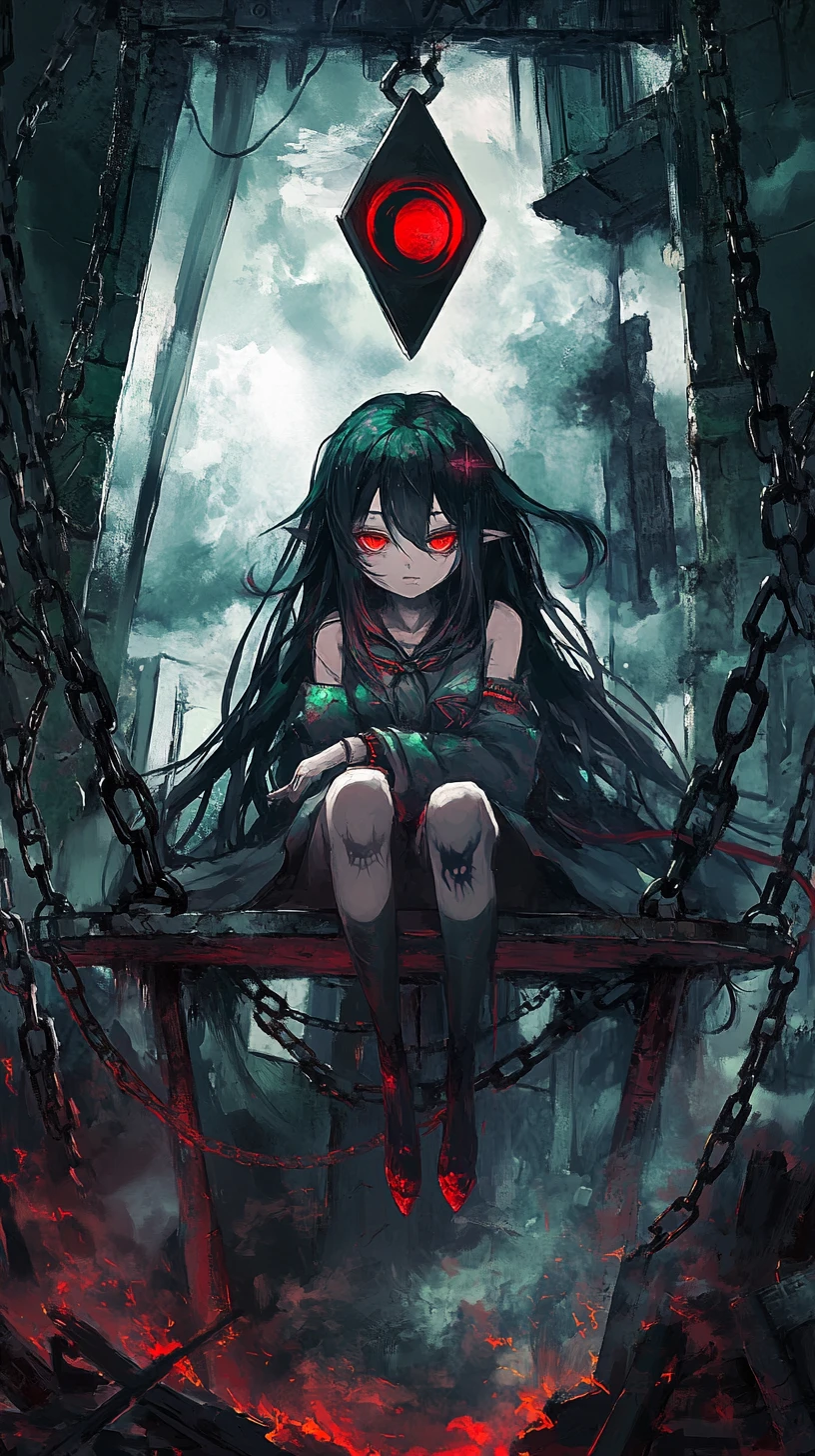 Anime girl before a chained platform and glowing pyramid