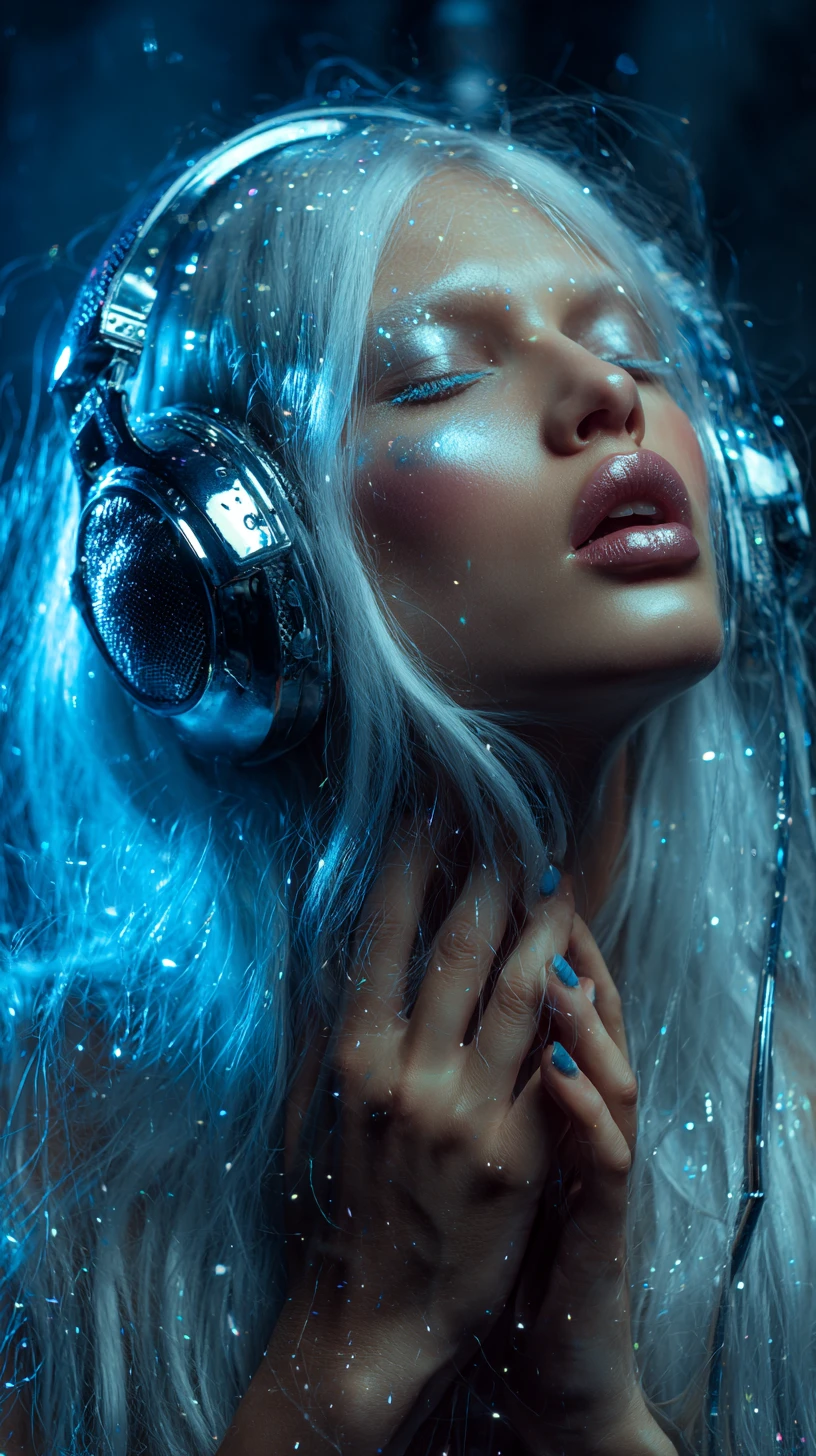 Young woman singing with futuristic headphones and microphone