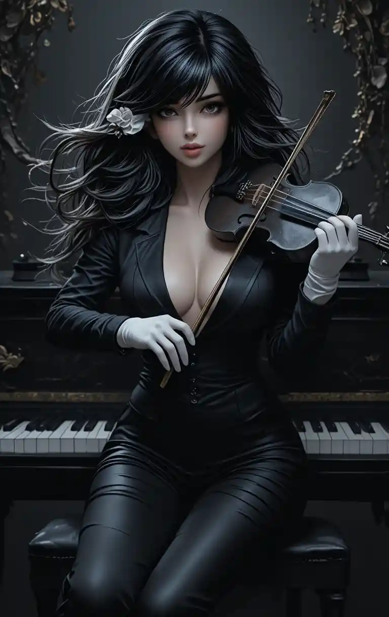 Elegant woman in tuxedo at piano with vintage violin