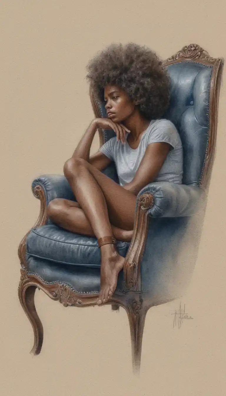 Young woman reclining thoughtfully in an antique leather armchair