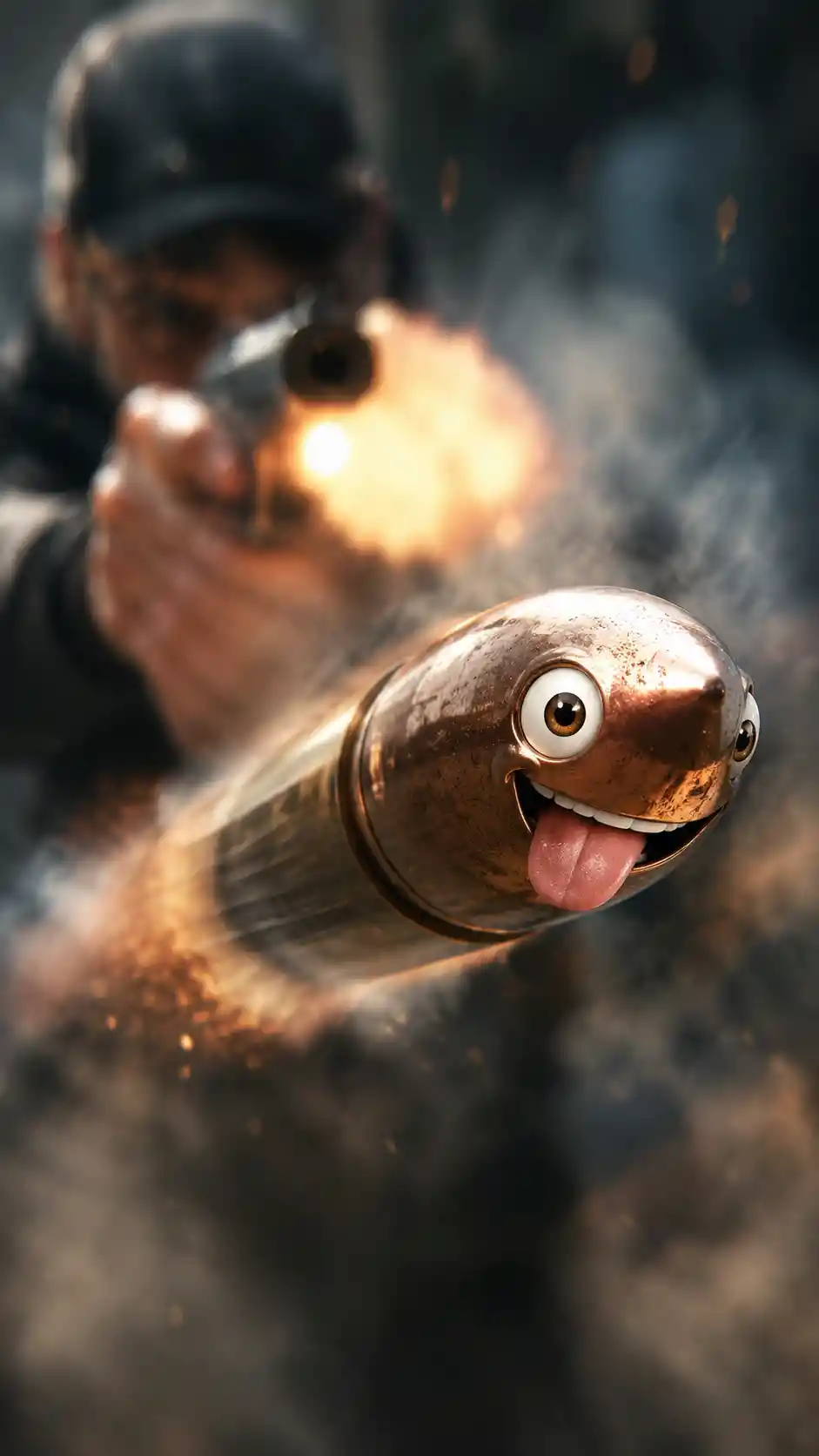 Extreme close up of a playful cartoon bullet in flight