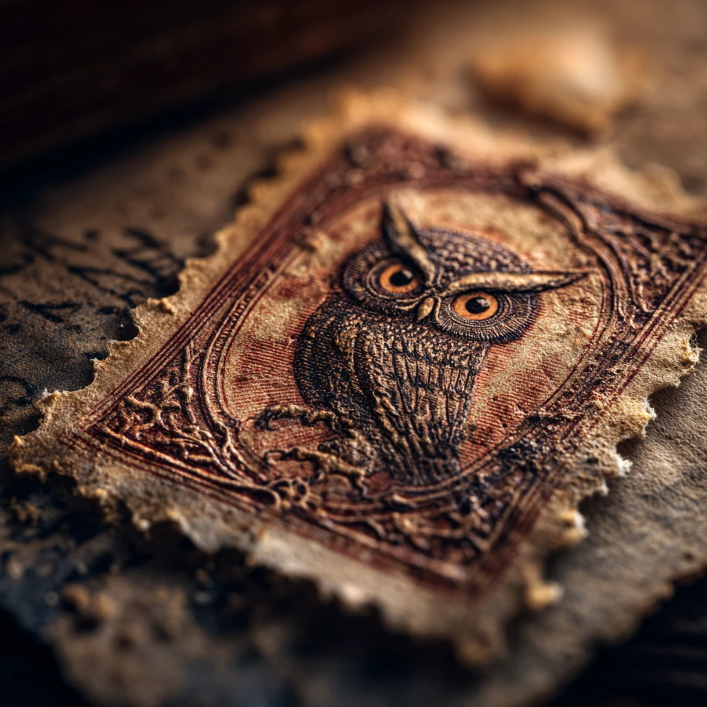 Macro view of an antique owl postage stamp on wood