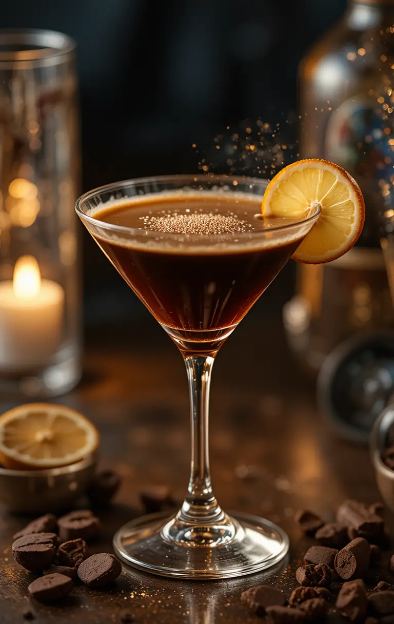 Tiny espresso martini sparkling with playful night magic