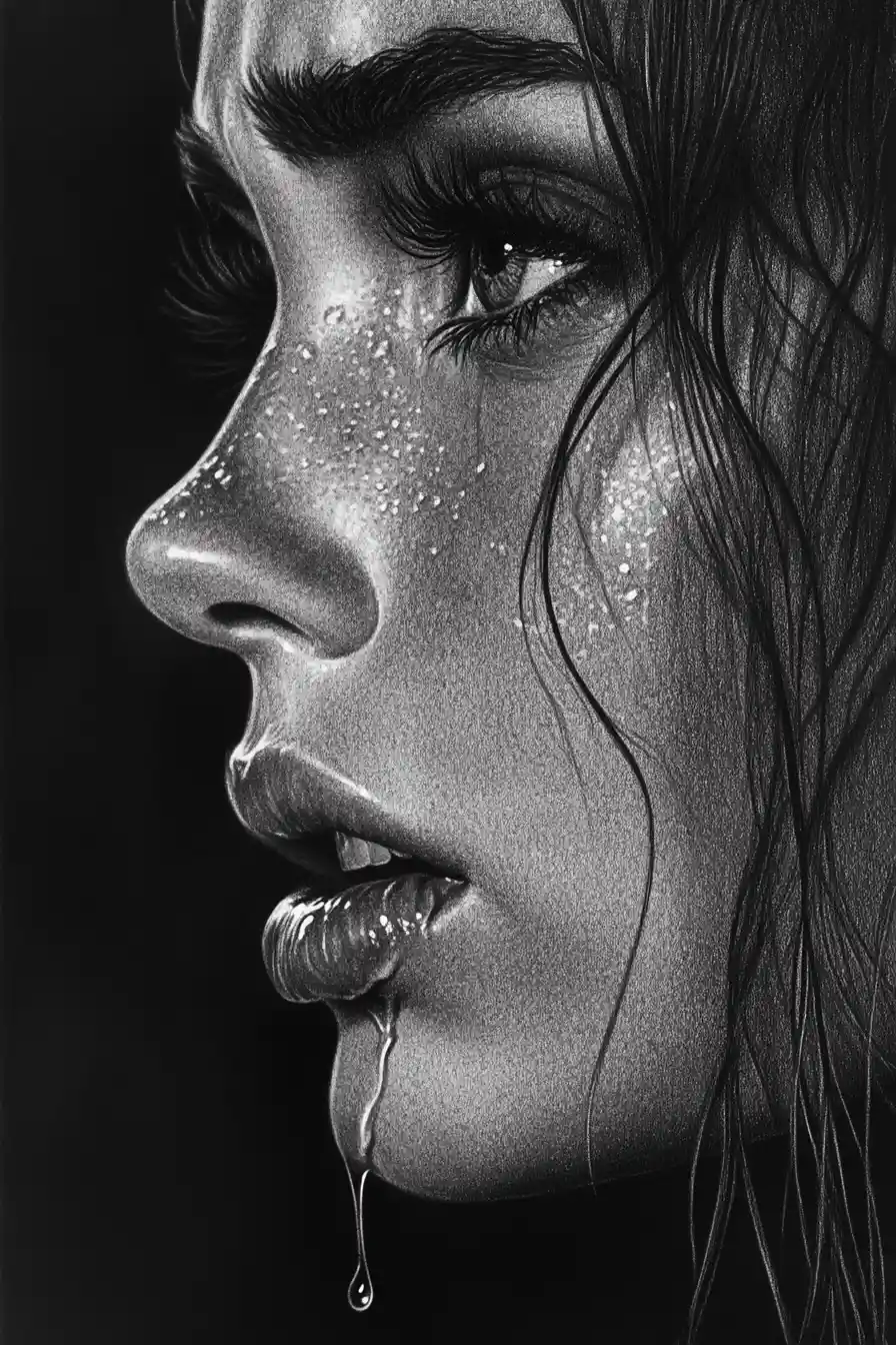 Crying woman in charcoal pencil close up profile portrait