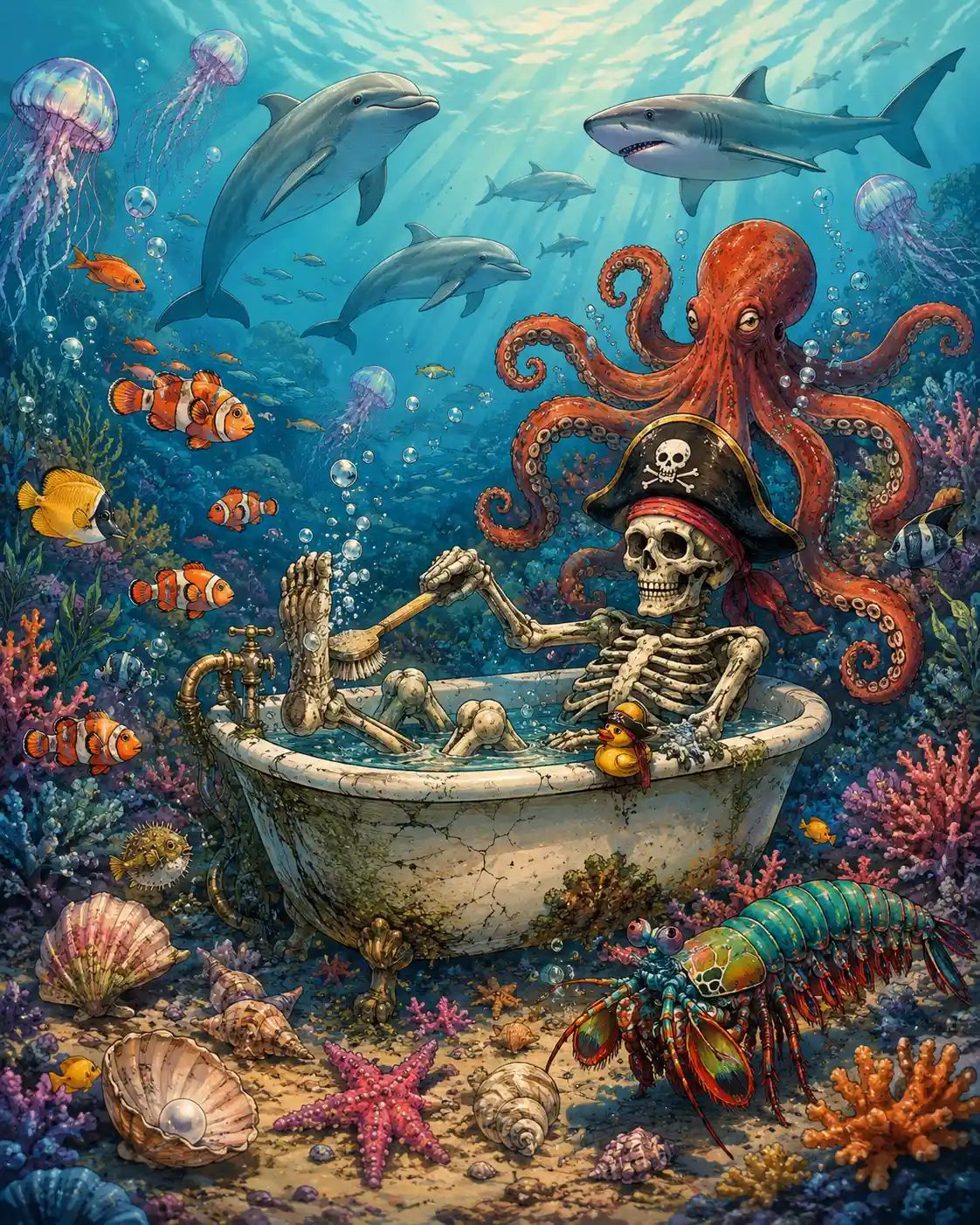 Skeleton bathing in an old bathtub under the sea