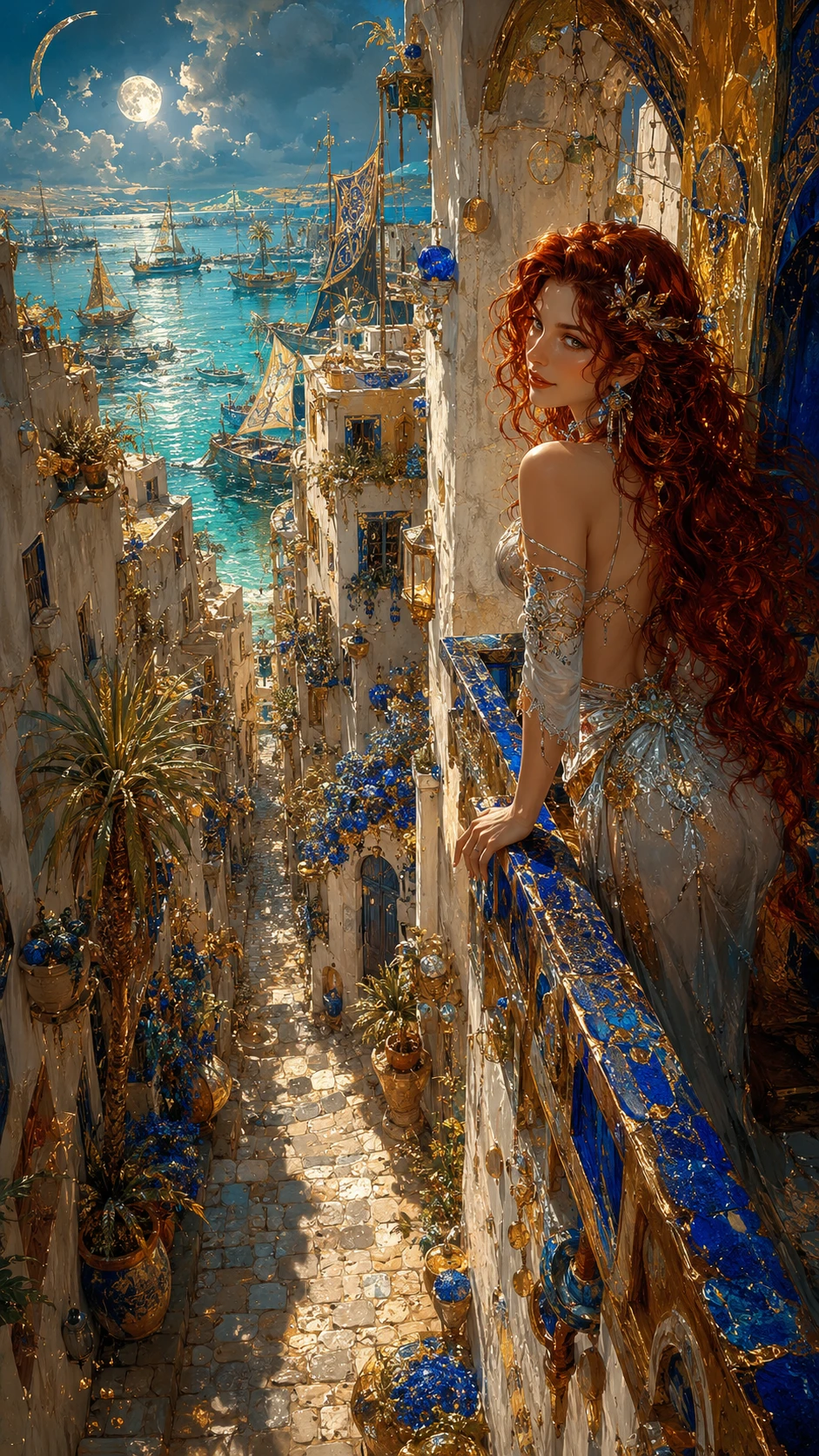 Mujer fantástica en balcón sobre un callejón surrealista de adoquines