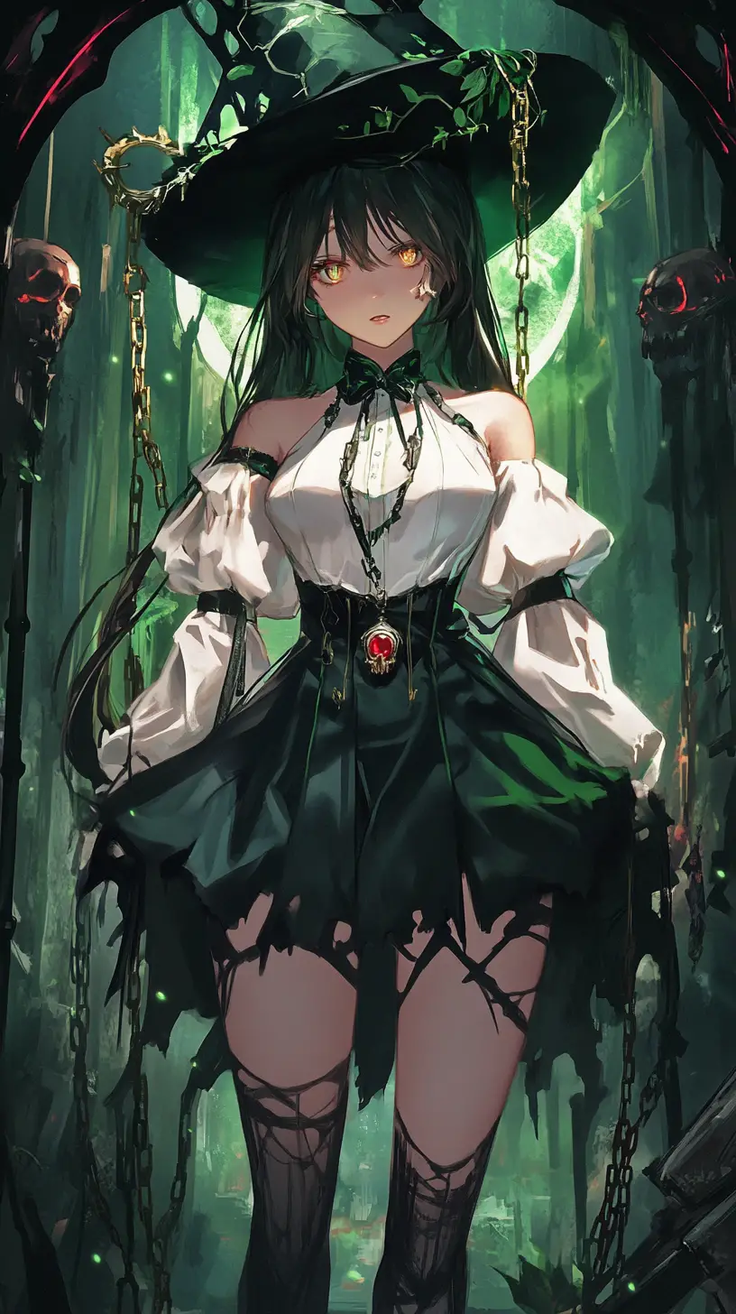 Ragazza strega in stile anime con collana a teschio su piattaforma di cancello oscuro in rovina