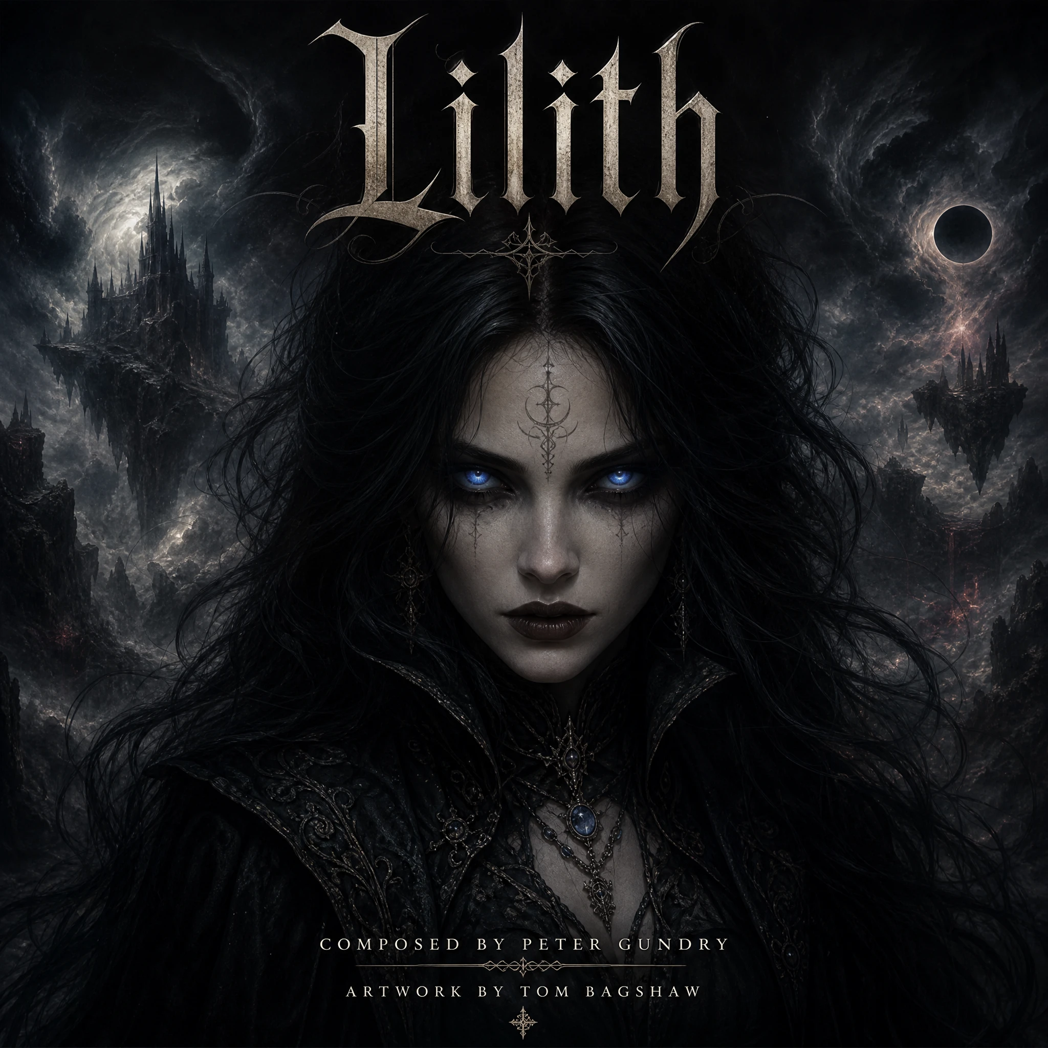 Gothic portrait of an ethereal woman with glowing blue eyes