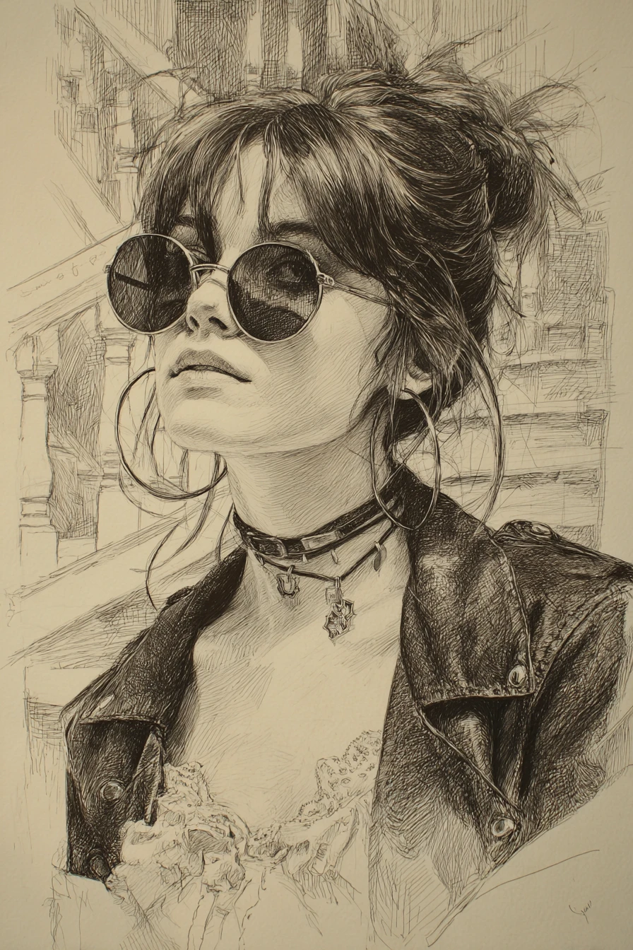 Pencil portrait of a girl in sunglasses and hoop earrings