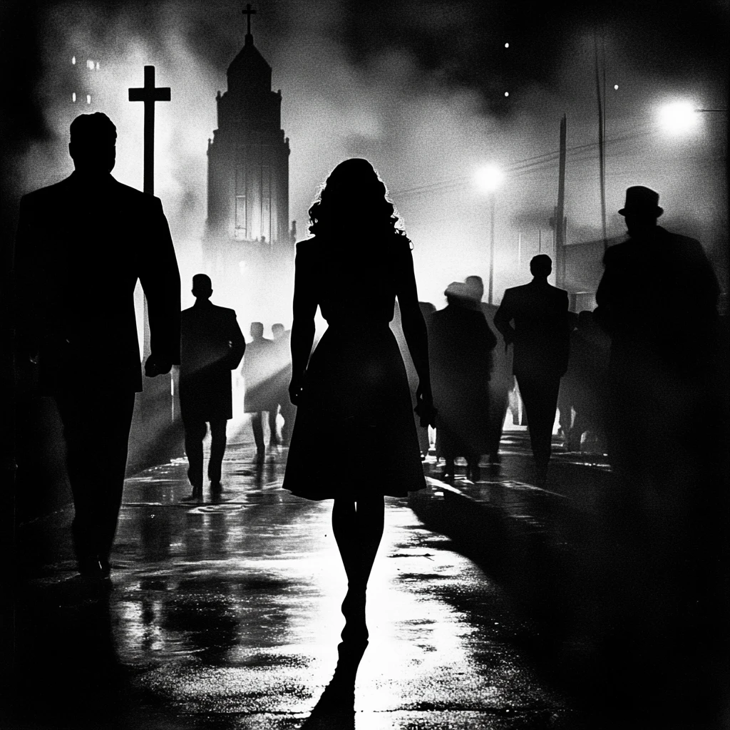 Devil girl leading a crowd renouncing their faith