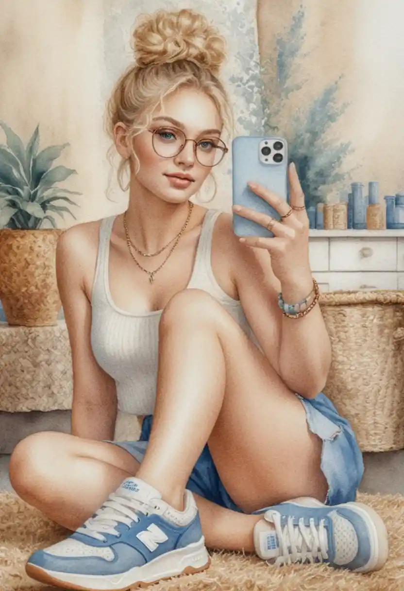 Young woman taking a mirror selfie on a fluffy rug
