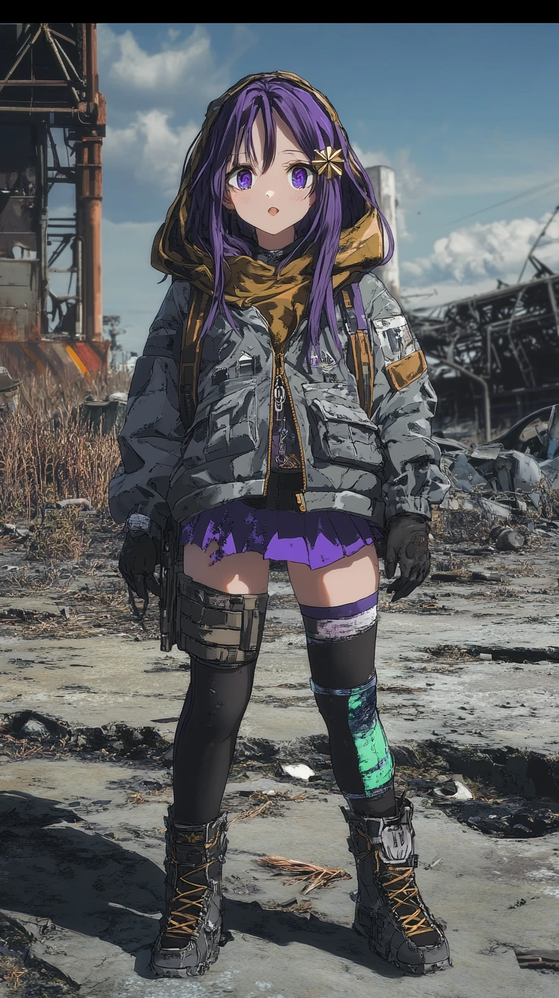 Anime girl beside steel hangar at deserted airfield