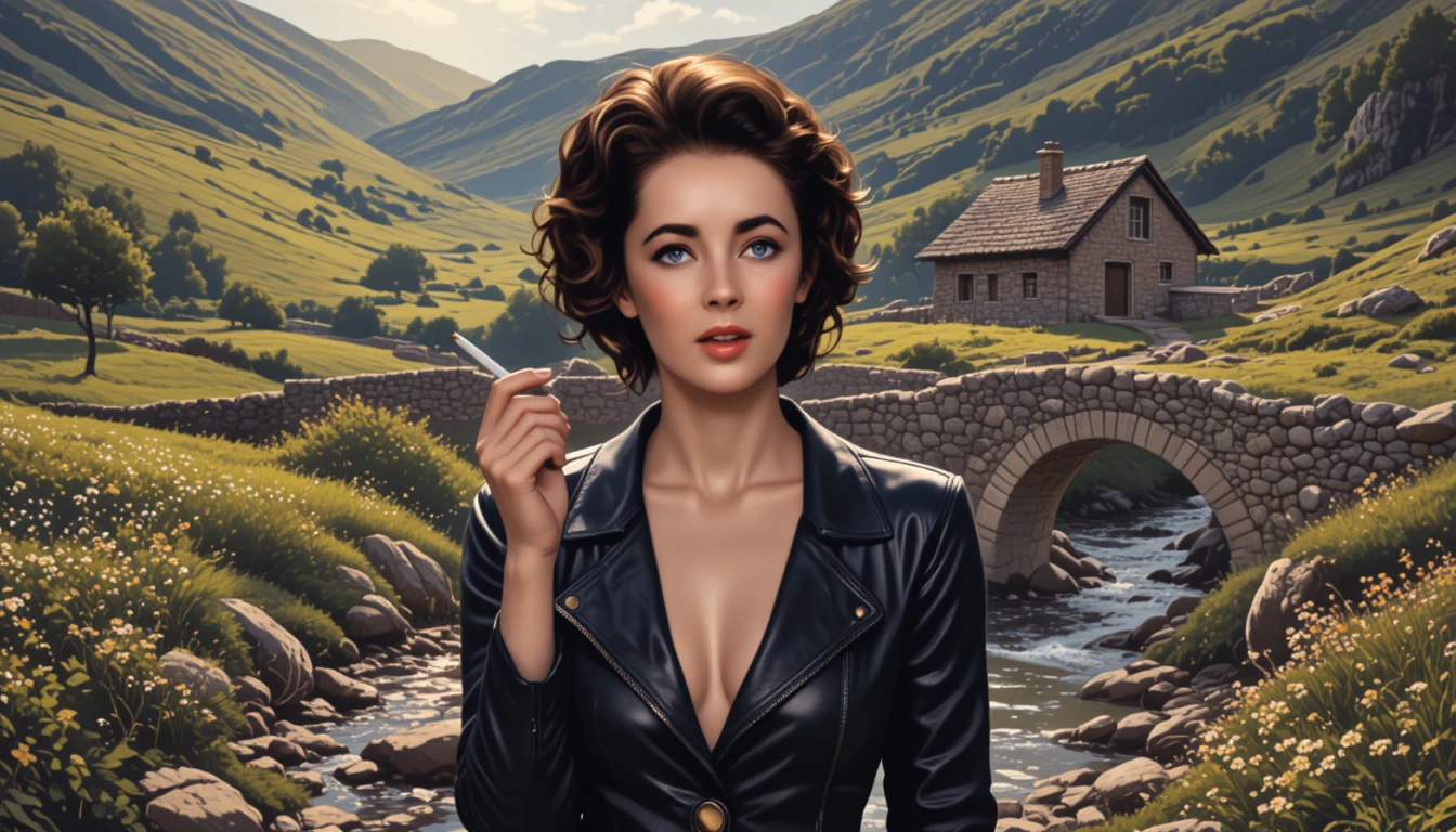 Young woman in leather jacket smoking by rural stream