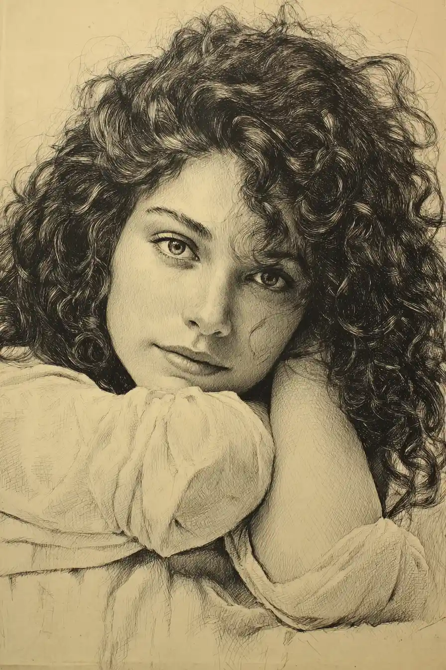 Charcoal pencil portrait of a girl resting on her arms