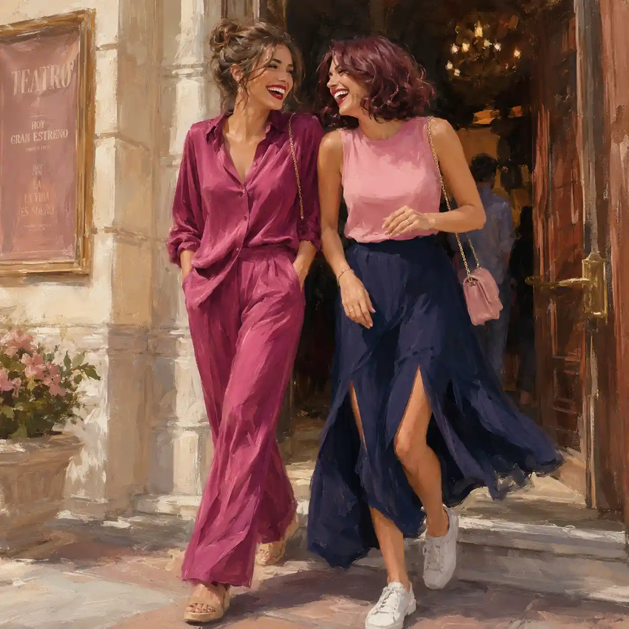 Two stylish women laughing outside a summer theater